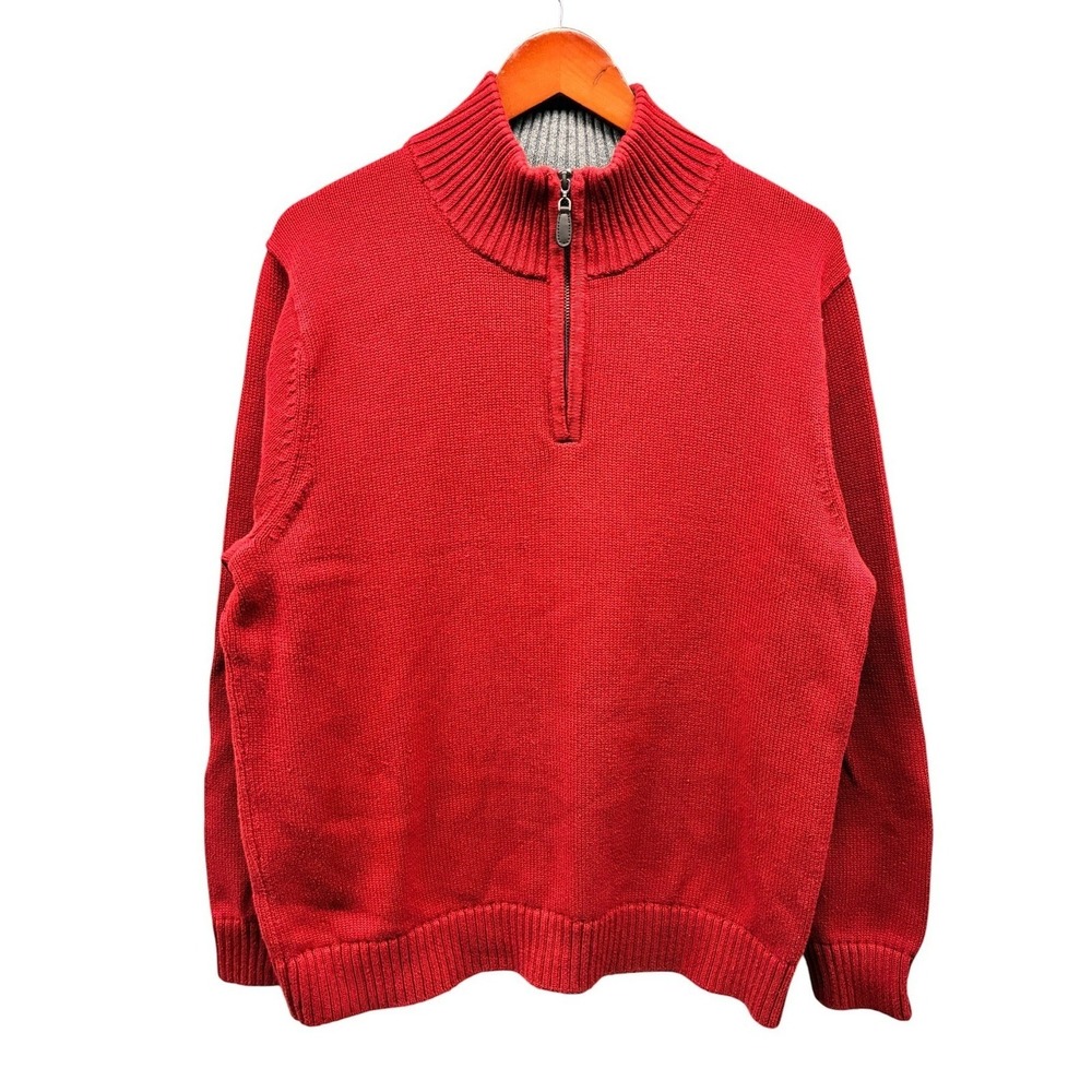 LL Bean Quarter Zip Pullover Sweater Mens L Red Knit Mock Neck Heavy Preppy